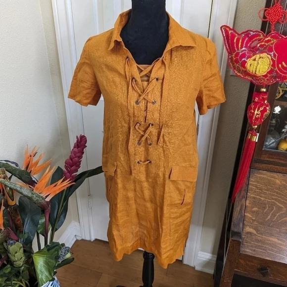 Moving Sale💘 Anthropologie Maeve Lace-Up Shirt Linen Dress Mustard Color Size 2 - Picture 2 of 7